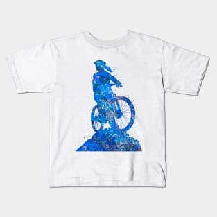 Downhill mountain bike girl blue art Kids T-Shirt